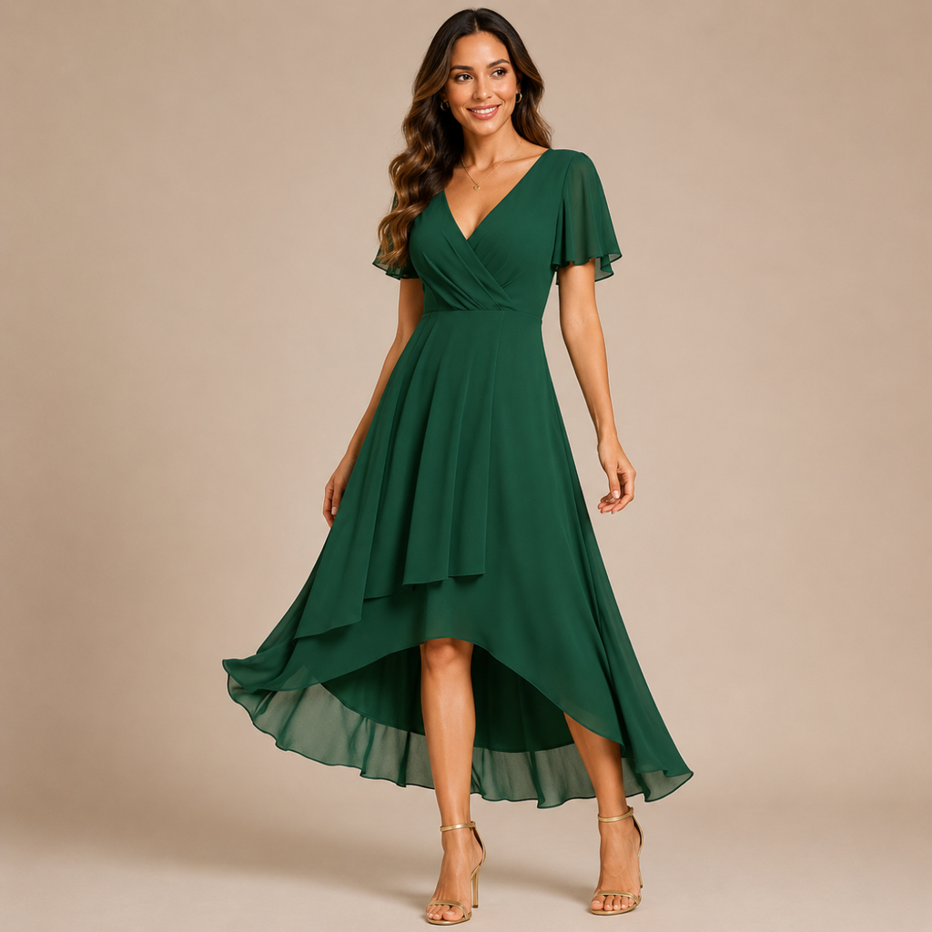 Bella Hudson Aveline Midi Dress in dark green featuring a floral print, asymmetric hem, and flowy silhouette, front view.