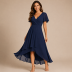 Bella Hudson Aveline Midi Dress in deep blue featuring a floral print, asymmetric hem, and flowy silhouette, front view.