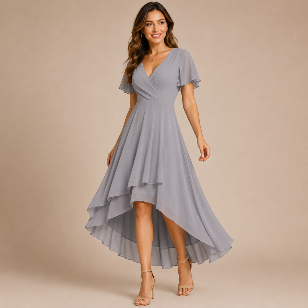Bella Hudson Aveline Midi Dress in gray featuring a floral print, asymmetric hem, and flowy silhouette, front view.