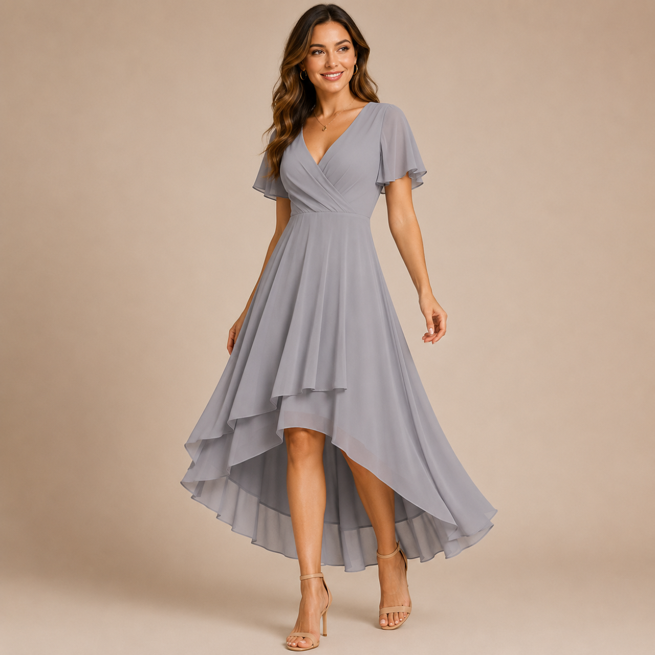Bella Hudson Aveline Midi Dress in gray featuring a floral print, asymmetric hem, and flowy silhouette, front view.