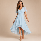 Bella Hudson Aveline Midi Dress in light blue featuring a floral print, asymmetric hem, and flowy silhouette, front view.