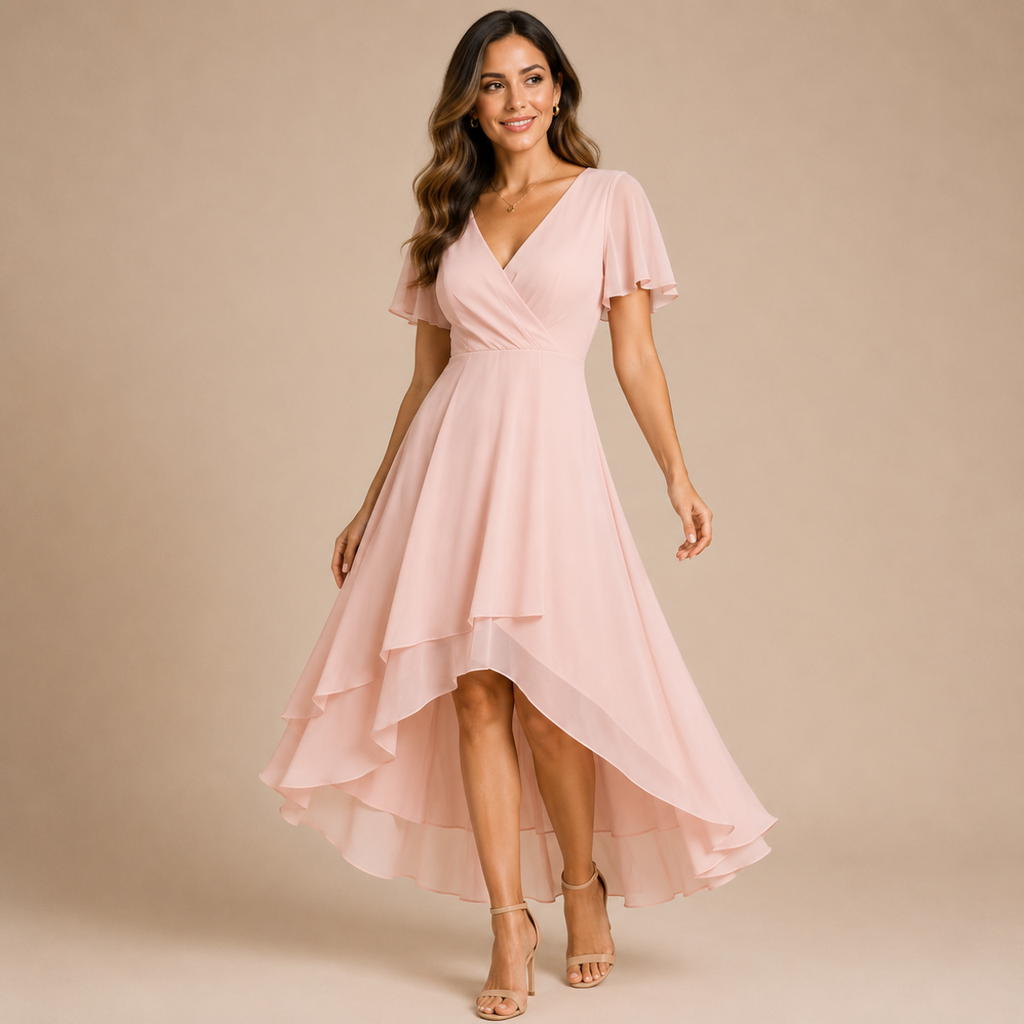 Bella Hudson Aveline Midi Dress in light pink featuring a floral print, asymmetric hem, and flowy silhouette, front view.