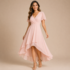 Bella Hudson Aveline Midi Dress in light pink featuring a floral print, asymmetric hem, and flowy silhouette, front view.