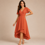 Bella Hudson Aveline Midi Dress in orange featuring a floral print, asymmetric hem, and flowy silhouette, front view.