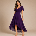 Bella Hudson Aveline Midi Dress in Purple featuring a floral print, asymmetric hem, and flowy silhouette, front view.