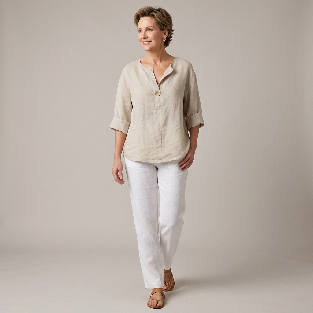 Front view of the Averil Blouse Linen Long-Sleeve in beige, featuring a split V-neckline, long rolled sleeves, button detail, and a relaxed lightweight linen silhouette. Designed by Bella Hudson.