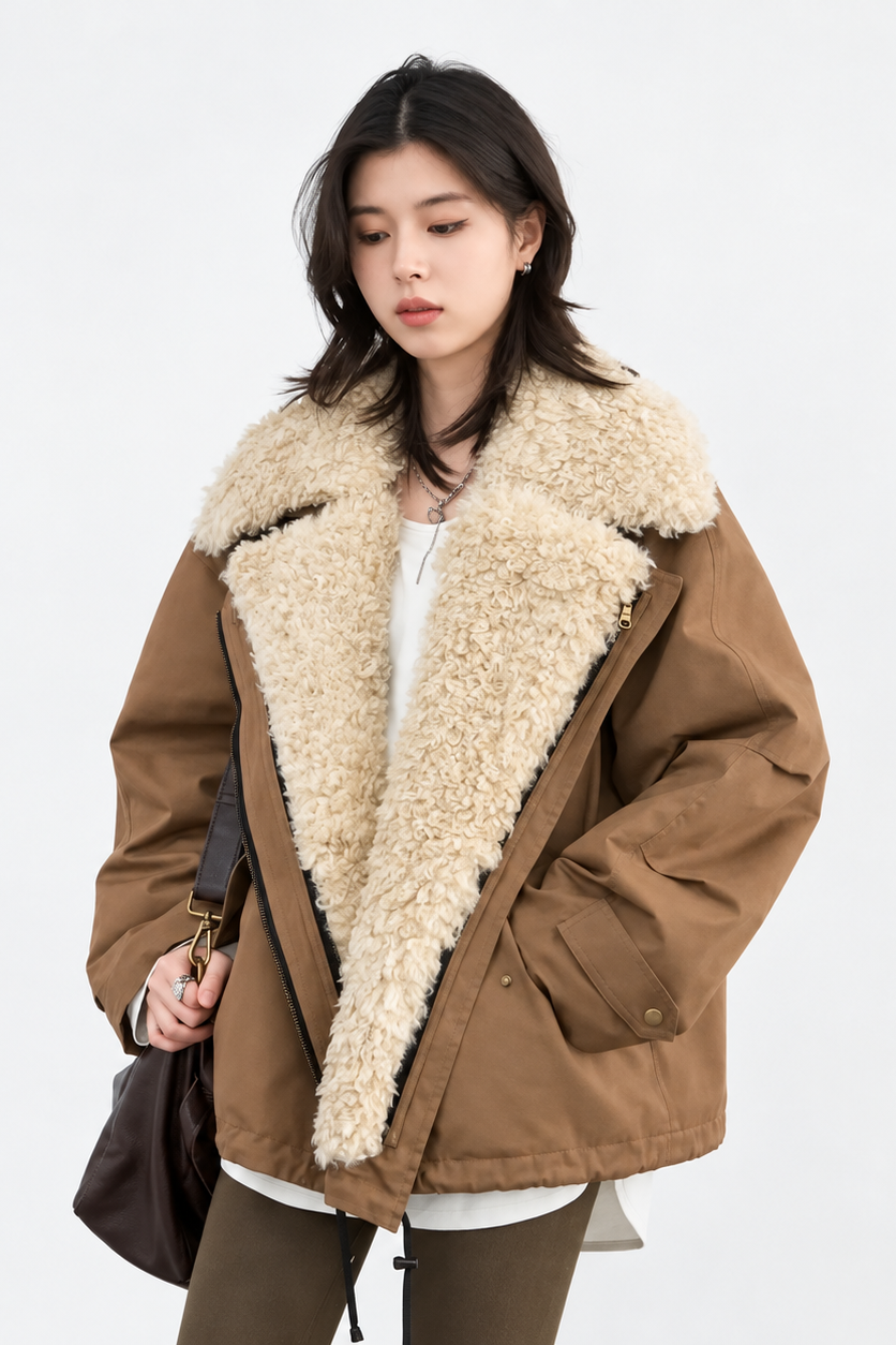 Avery faux-shearling trim utility jacket with oversized lapel collar, relaxed silhouette, long sleeves, and front pockets