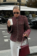 Avery Red tweed-textured cropped jacket shown from the front with fringed trim, button-front styling, and long sleeves