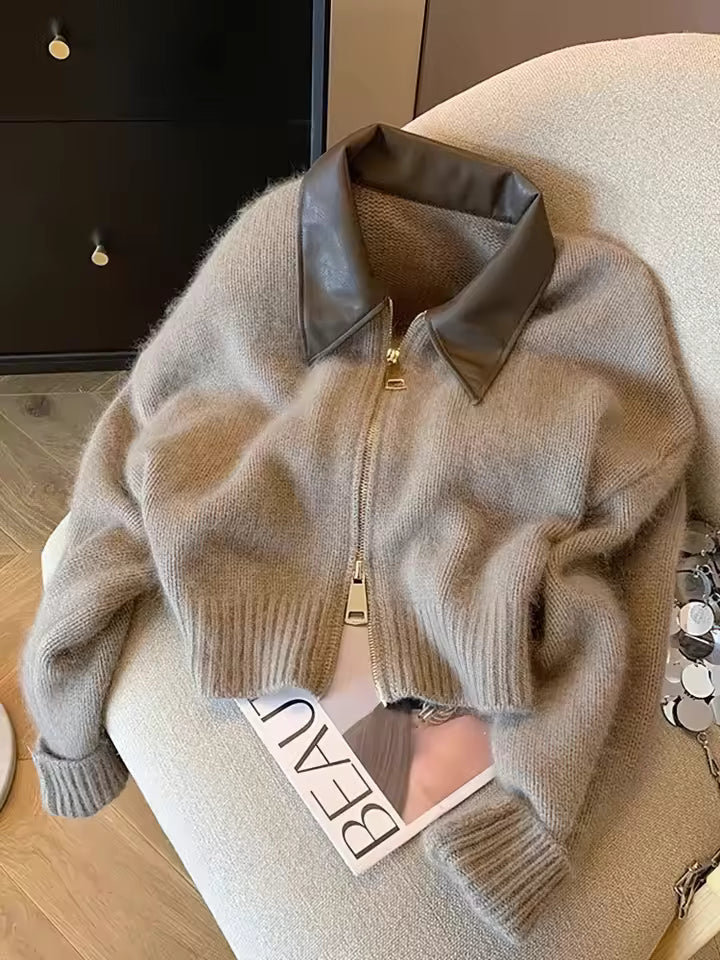Ayla Gray fuzzy knit cardigan with cropped silhouette, zip-front closure, contrasting pointed collar, and ribbed cuffs