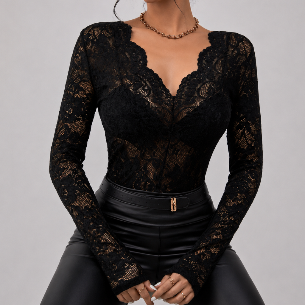 Front view of black floral lace long sleeve top with scalloped V-neck and fitted silhouette by BELLA HUDSON