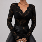 Front view of black floral lace long sleeve top with scalloped V-neck and fitted silhouette by BELLA HUDSON