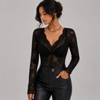 Side view of black floral lace long sleeve top featuring a scalloped V-neckline and sheer lace detailing by BELLA HUDSON