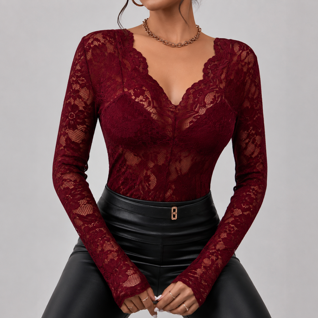 Front view of maroon floral lace long sleeve top with scalloped V-neck and fitted silhouette by BELLA HUDSON