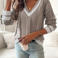 Elena V-Neck Cable-Knit Sweater Contrast Ribbed Trim - Brown