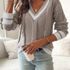 Elena V-Neck Cable-Knit Sweater Contrast Ribbed Trim - Brown