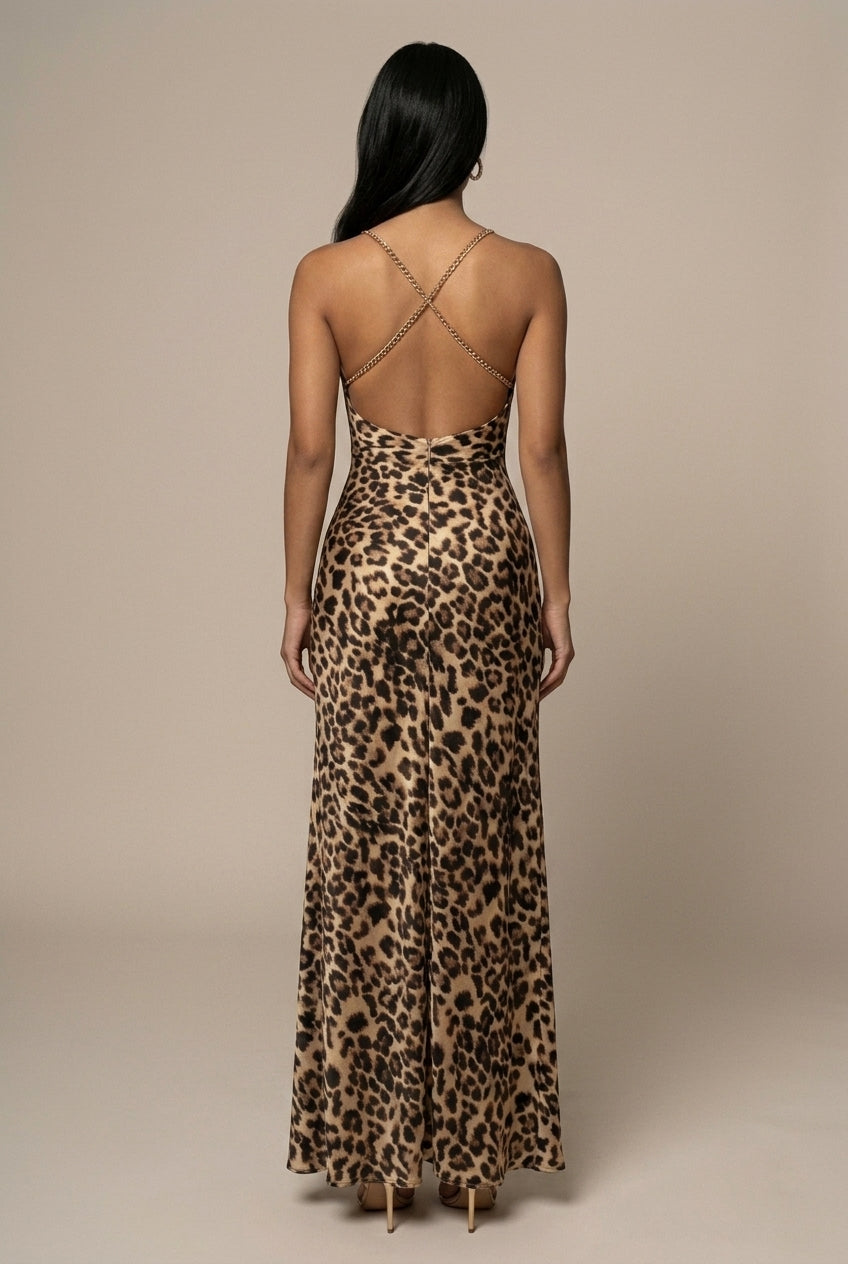 Naomi Maxi Dress Leopard-Print Cowl-Neck High-Slit