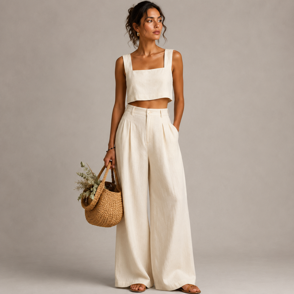 Bea Two-Piece Set Square-Neck Palazzo in beige front view with a modern square-neck top and flowing palazzo pants for effortless elegance, designed by Bella Hudson.