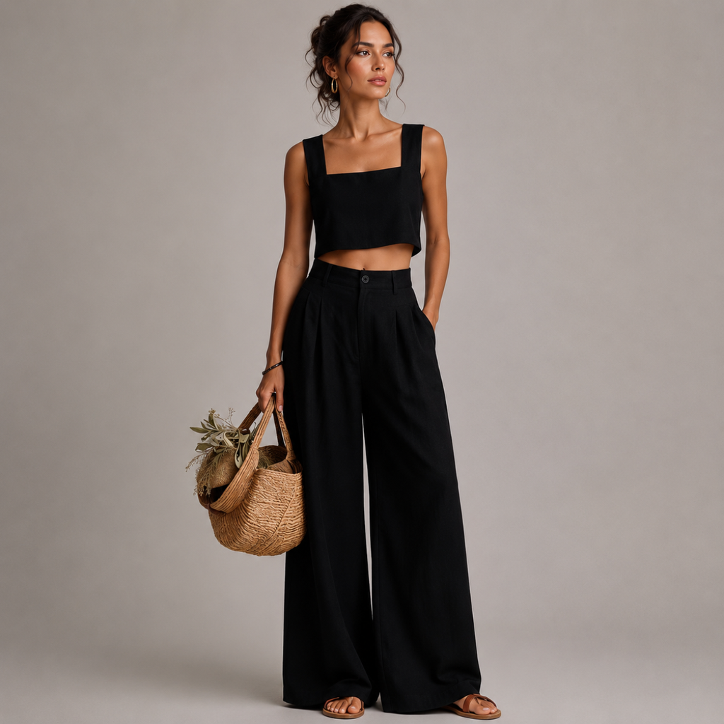 Bea Two-Piece Set Square-Neck Palazzo in black front view with a modern square-neck top and flowing palazzo pants for effortless elegance, designed by Bella Hudson.