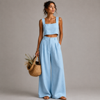 Bea Two-Piece Set Square-Neck Palazzo in blue front view featuring a sleeveless square-neck crop top and relaxed wide-leg pants, designed by Bella Hudson.