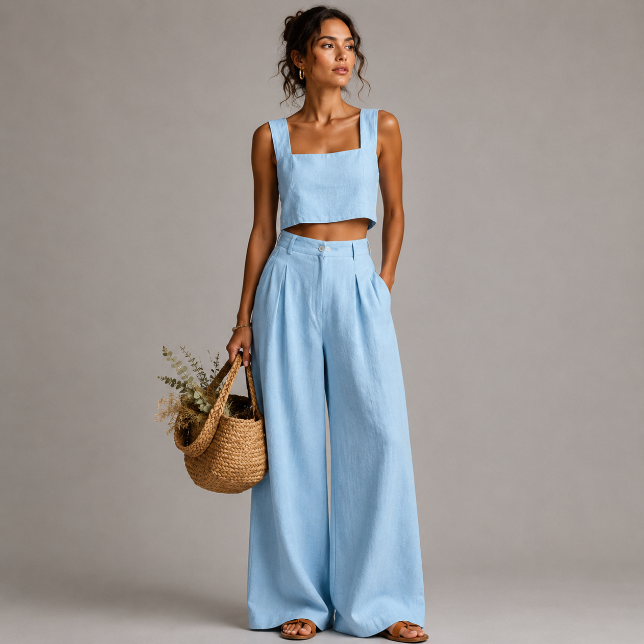 Bea Two-Piece Set Square-Neck Palazzo in blue front view featuring a sleeveless square-neck crop top and relaxed wide-leg pants, designed by Bella Hudson.