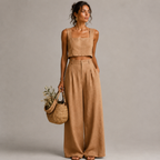 Bea Two-Piece Set Square-Neck Palazzo in brown front view with a minimalist square-neck top and elegant high-waist palazzo pants, designed by Bella Hudson.
