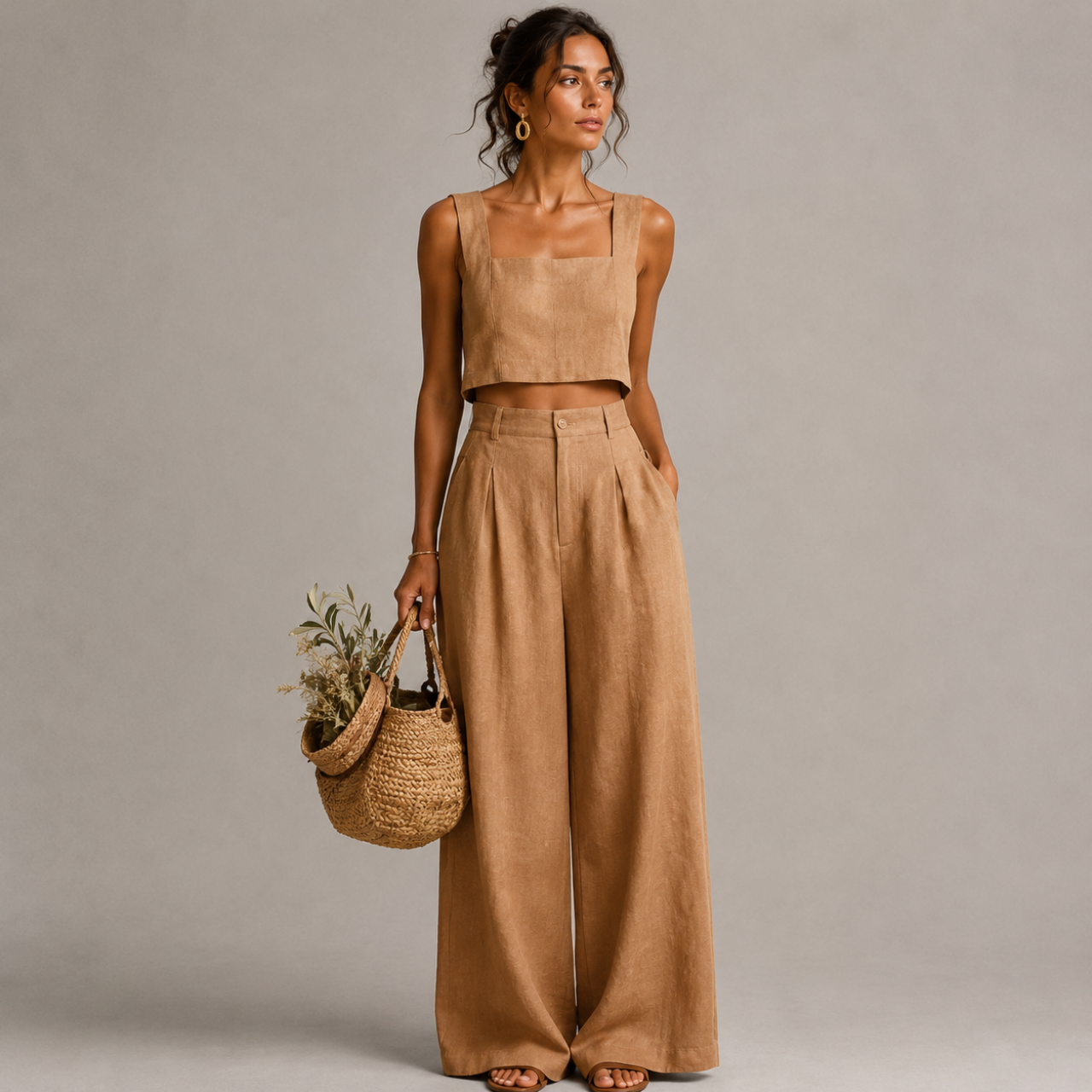 Bea Two-Piece Set Square-Neck Palazzo in brown front view with a minimalist square-neck top and elegant high-waist palazzo pants, designed by Bella Hudson.