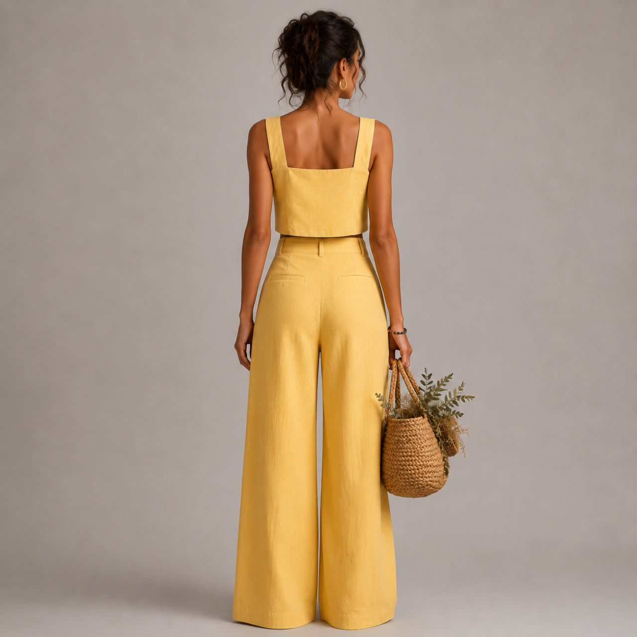 Back view of the Bea Two-Piece Set Square-Neck Palazzo in yellow showcasing the clean silhouette and flowing wide-leg design, designed by Bella Hudson.