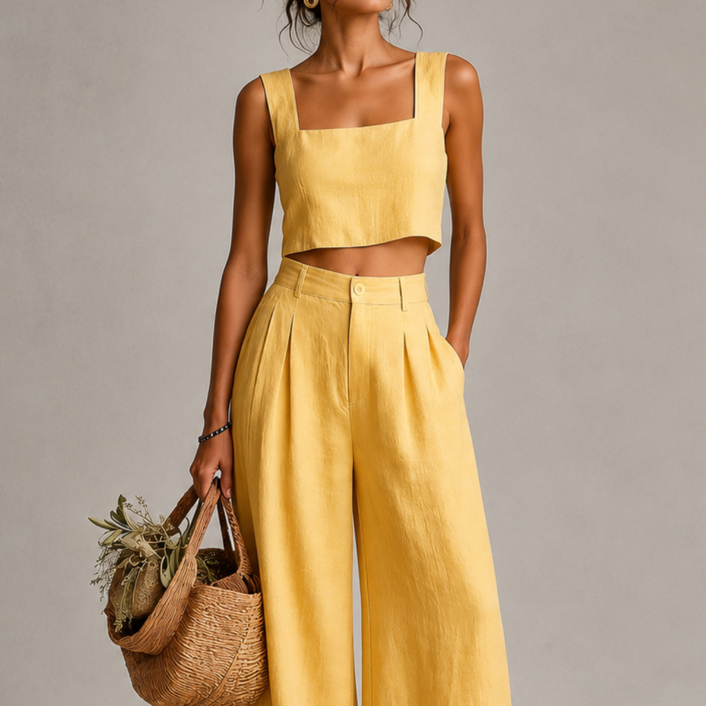 Close-up of the Bea Two-Piece Set Square-Neck Palazzo in yellow highlighting the square neckline, tailored fit, and lightweight fabric, designed by Bella Hudson.
