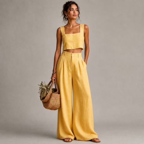 Bea Two-Piece Set Square-Neck Palazzo in yellow front view with a square-neck crop top and wide-leg palazzo pants, designed by Bella Hudson.