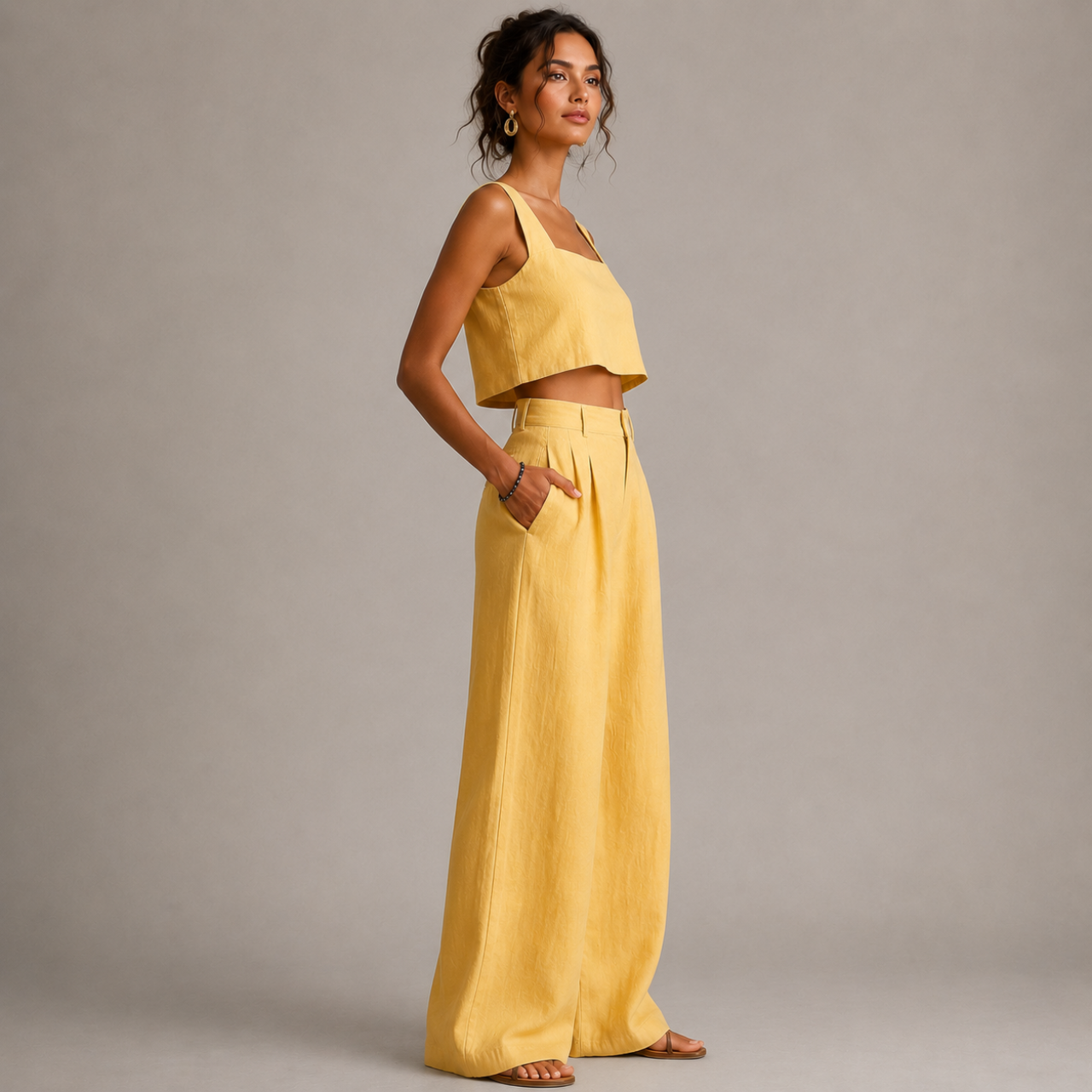 Side view of the Bea Two-Piece Set Square-Neck Palazzo in yellow featuring a sleeveless square-neck crop top and flowing high-waist palazzo pants, designed by Bella Hudson.