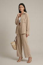 Beatrix linen button-down oversized two-piece set, Beige
