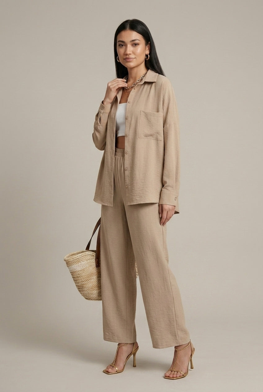 Beatrix linen button-down oversized two-piece set, Beige