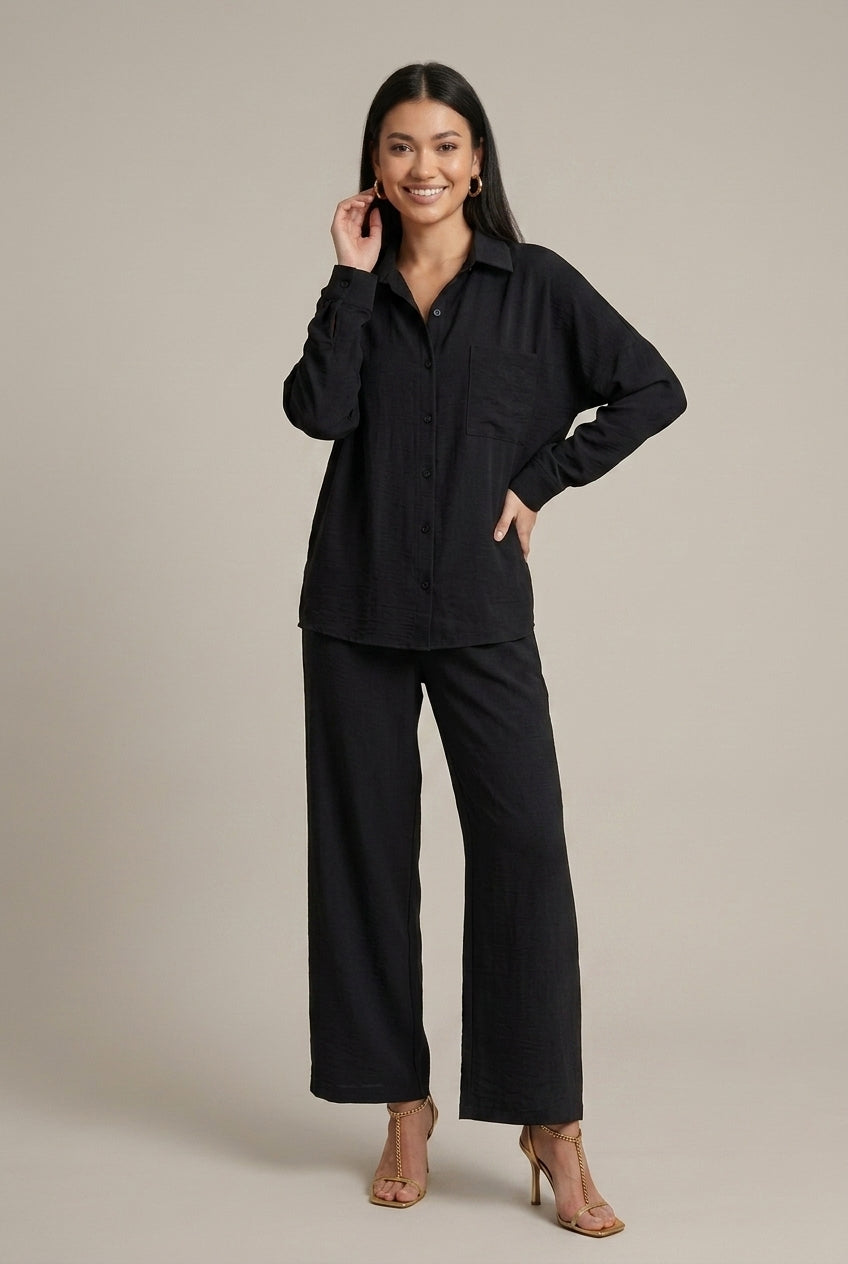 Beatrix linen button-down oversized two-piece set, Black