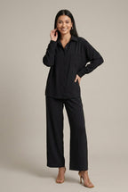Beatrix linen button-down oversized two-piece set, Black