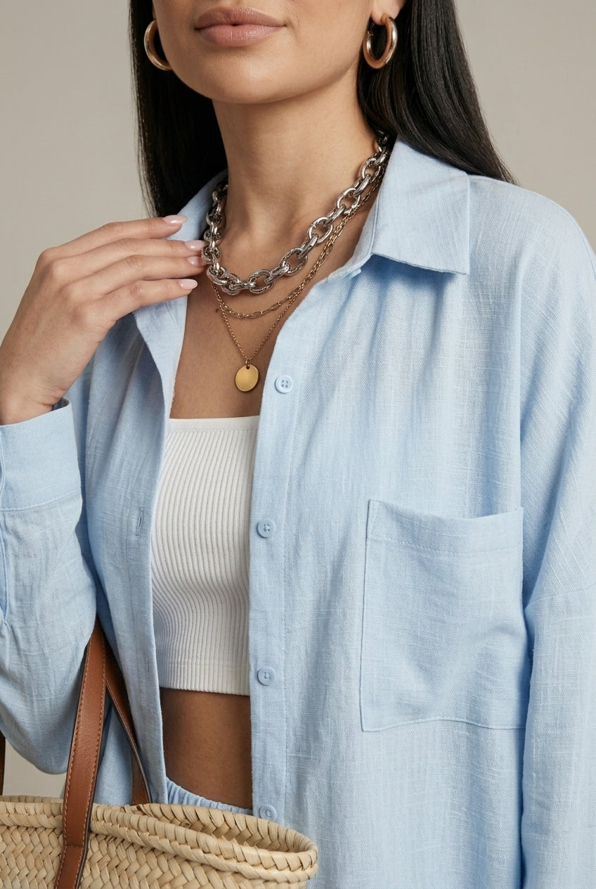 Beatrix linen button-down oversized two-piece set, detail view