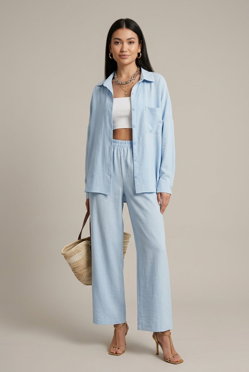 Beatrix linen button-down oversized two-piece set, Light Blue