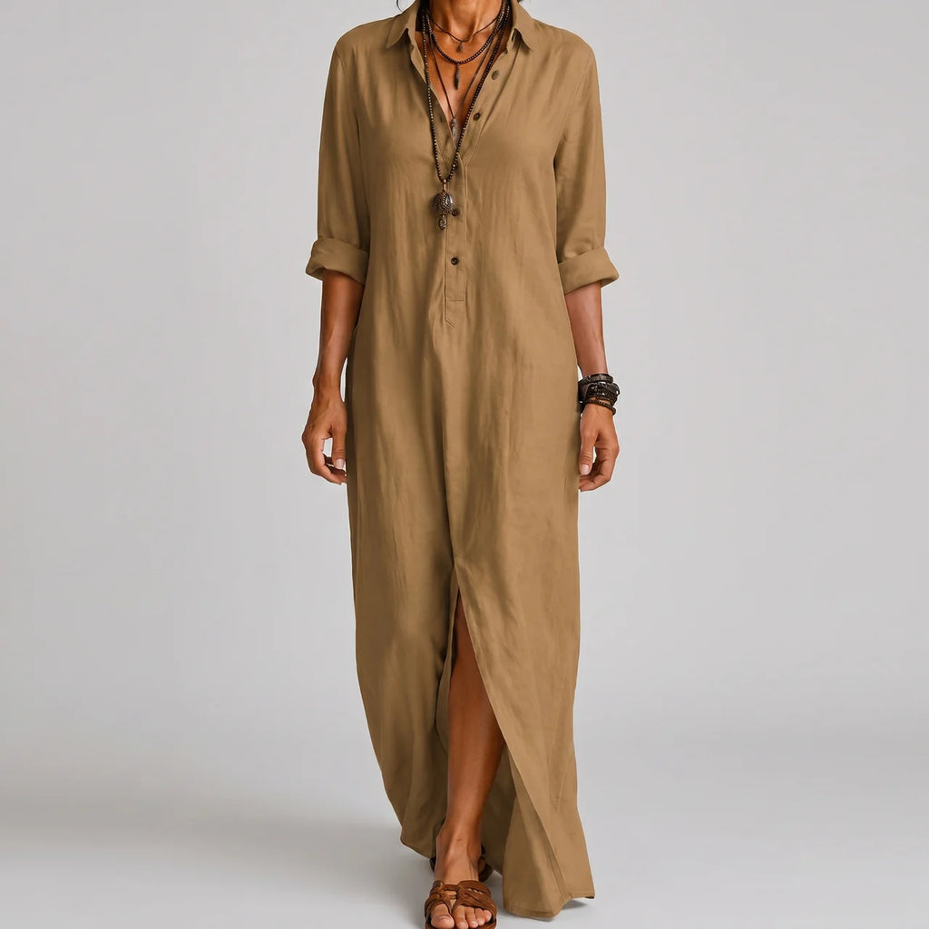 Beige boho maxi shirt dress front view with rolled sleeves BELLA HUDSON