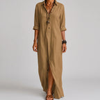 Beige boho maxi shirt dress front view with rolled sleeves BELLA HUDSON