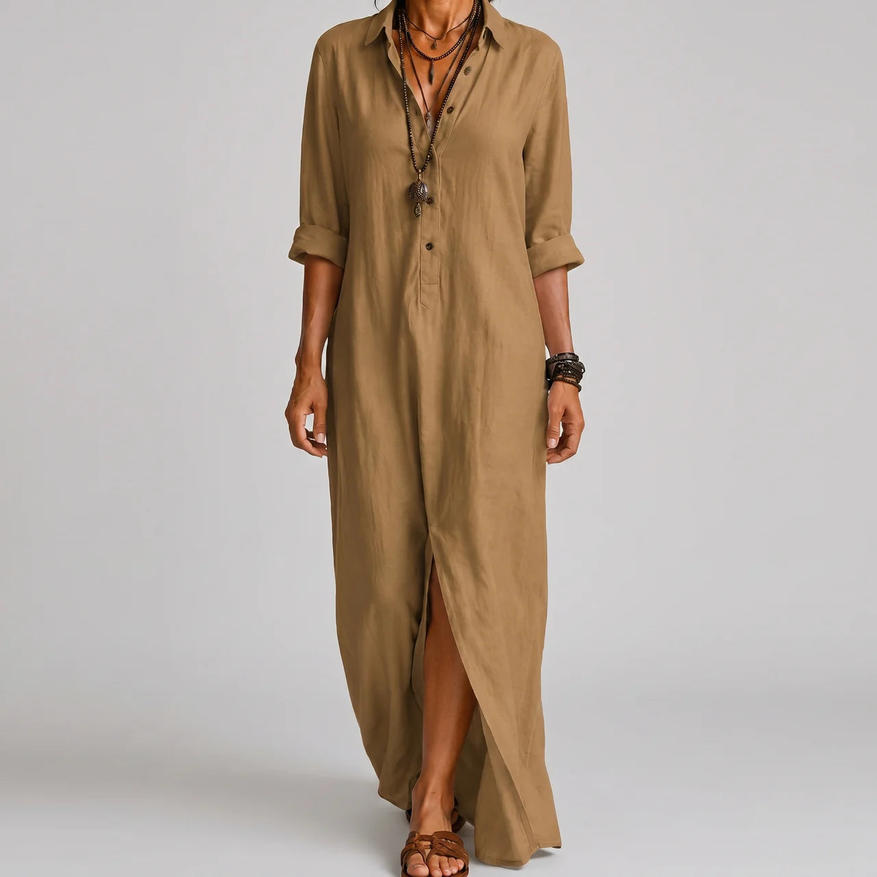 Beige boho maxi shirt dress front view with rolled sleeves BELLA HUDSON