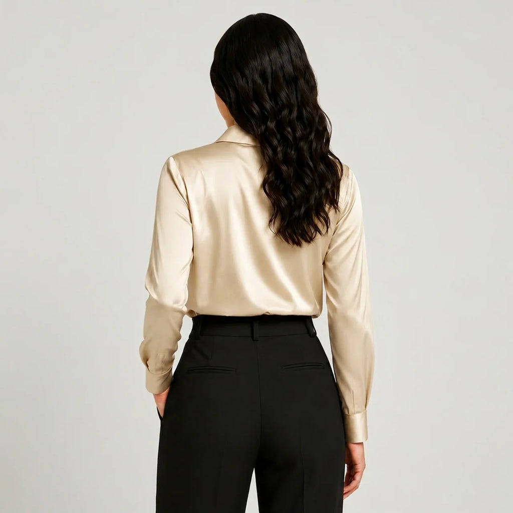 Beige satin cowl neck blouse with long sleeves back view BELLA HUDSON