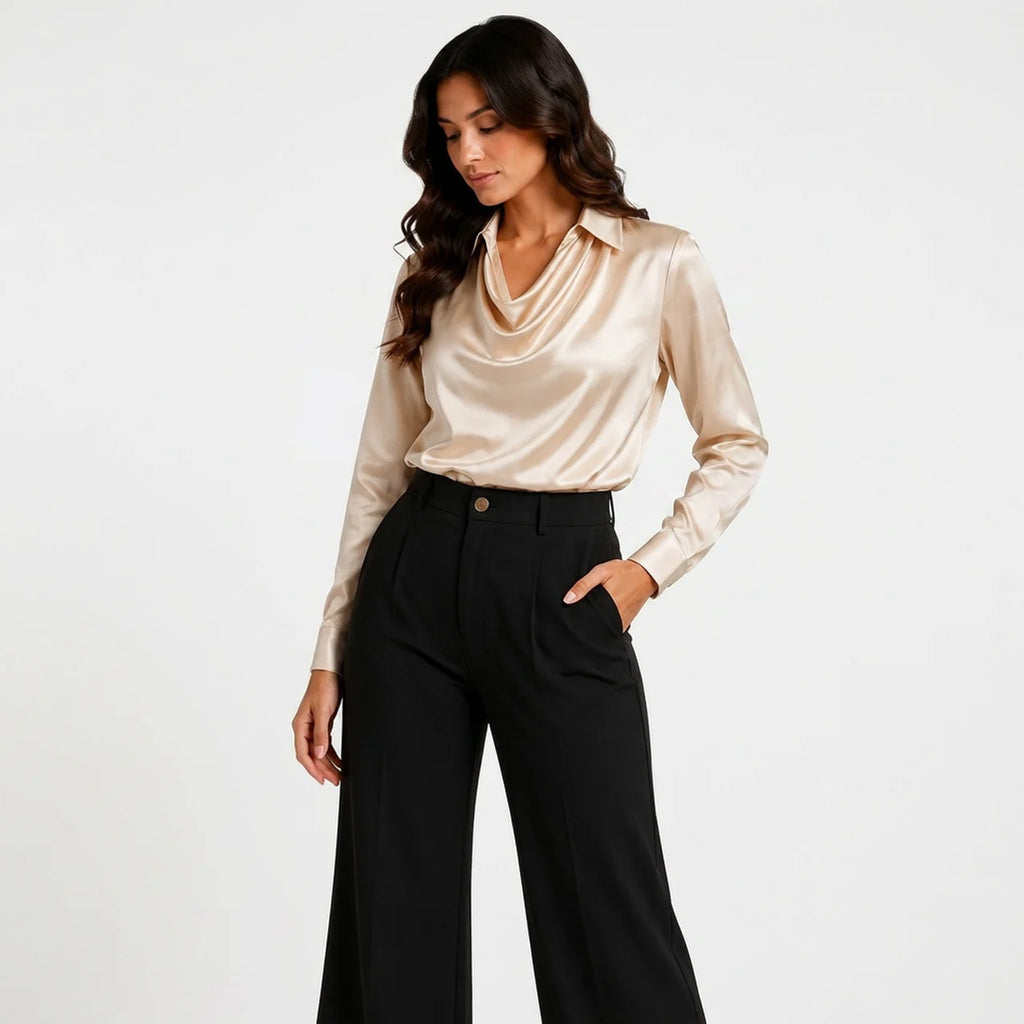 Beige satin cowl neck blouse with long sleeves full front view BELLA HUDSON