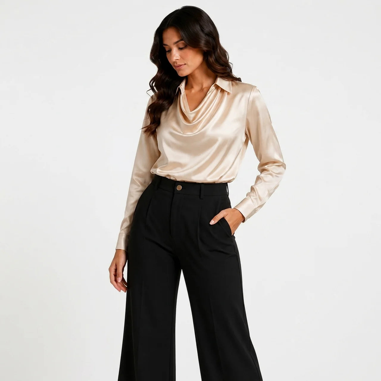 Beige satin cowl neck blouse with long sleeves full front view BELLA HUDSON