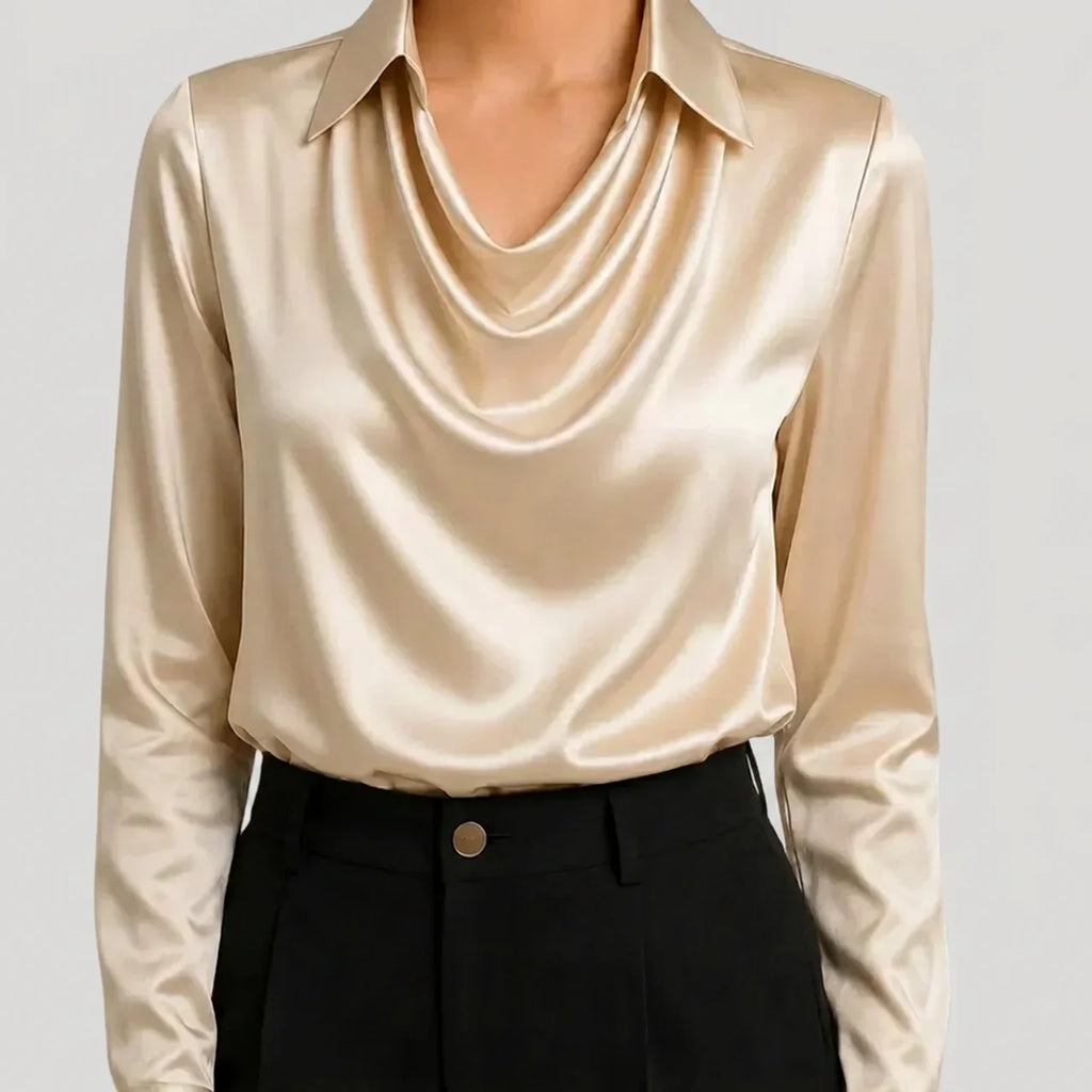 Beige satin blouse with long sleeves and draped cowl neckline front view BELLA HUDSON