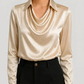Beige satin blouse with long sleeves and draped cowl neckline front view BELLA HUDSON