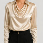 Beige satin blouse with long sleeves and draped cowl neckline front view BELLA HUDSON