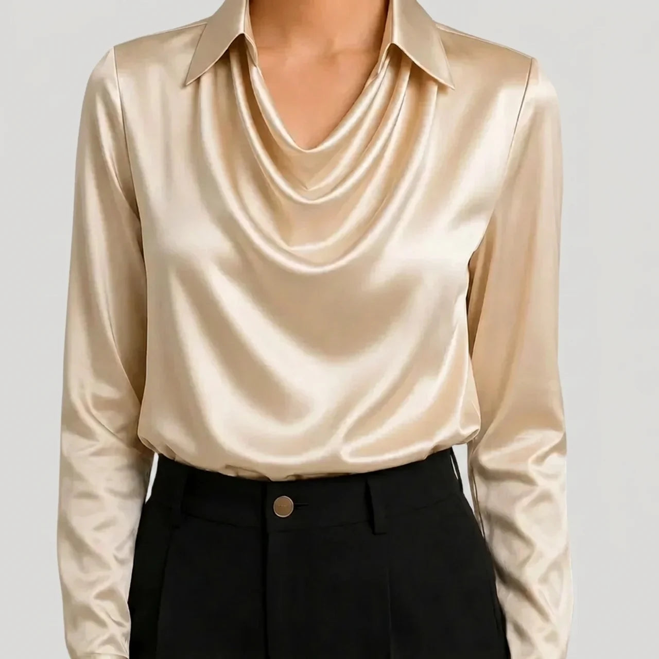 Beige satin blouse with long sleeves and draped cowl neckline front view BELLA HUDSON