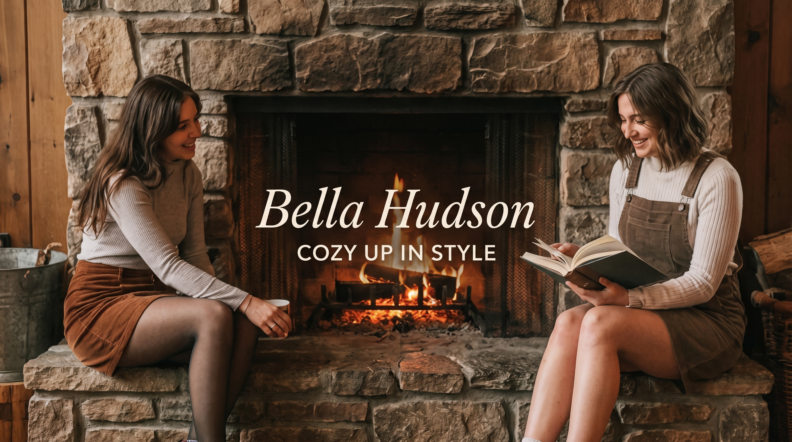 Two women sitting on either side of a stone fireplace with a fire burning inside. The woman on the left wears a beige top and brown skirt, and the woman on the right wears a white top and brown overalls while reading a book.