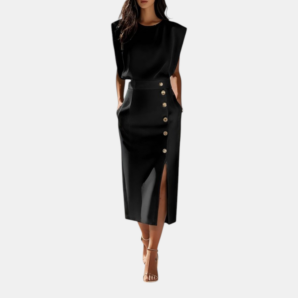 Front view of the Bella Women's Midi Dress in black, featuring a sleeveless design, cinched waist, decorative side buttons, and an elegant side slit. Designed by Bella Hudson.