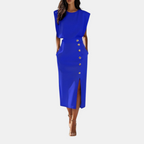 Front view of the Bella Women's Midi Dress in blue, showcasing a sleeveless silhouette, round neckline, decorative side buttons, side slit, and elegant tailored styling. Designed by Bella Hudson.