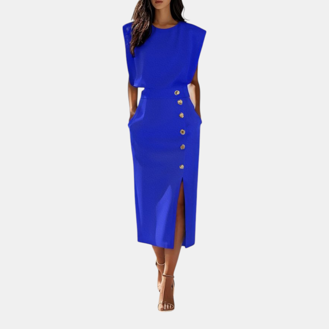 Front view of the Bella Women's Midi Dress in blue, showcasing a sleeveless silhouette, round neckline, decorative side buttons, side slit, and elegant tailored styling. Designed by Bella Hudson.